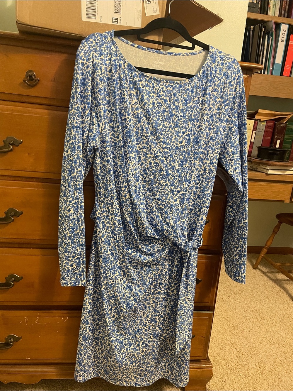 Lands’ End Blue Floral Long-Sleeve Tie-Waist Dress